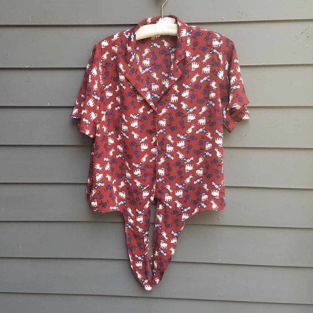 Monteau LA Sheer Burgundy Button Down with Navy White Dog Print size Large
